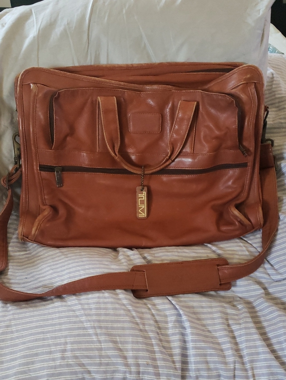 Tumi Cognac Leather Laptop Briefcase with Shoulder Strap